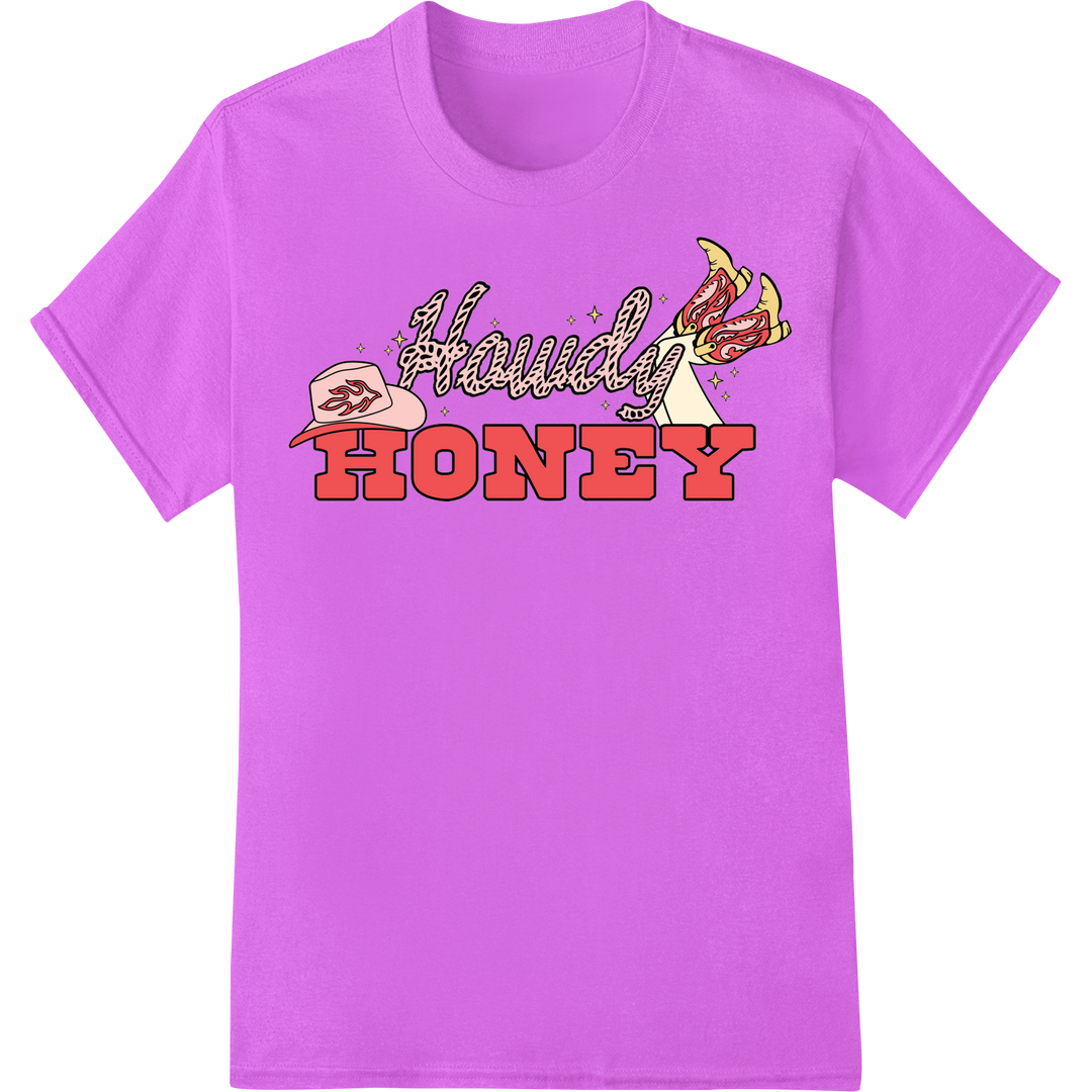 Groovy 'Howdy Honey' Hippie Valentine's Day Heat Transfer on purple shirt - SUPERDTF-DTF Prints-DTF Transfers-Custom DTF Prints