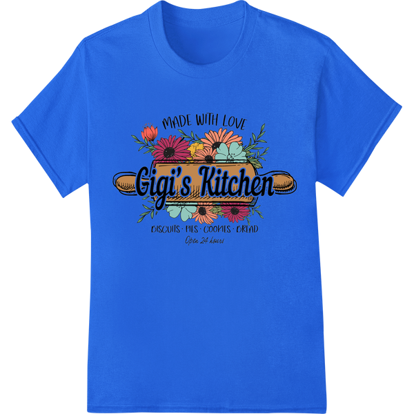 Gigi's Kitchen: Made with Love DTF Print Heat Transfer on blue shirt - SUPERDTF-DTF Prints-DTF Transfers-Custom DTF Prints