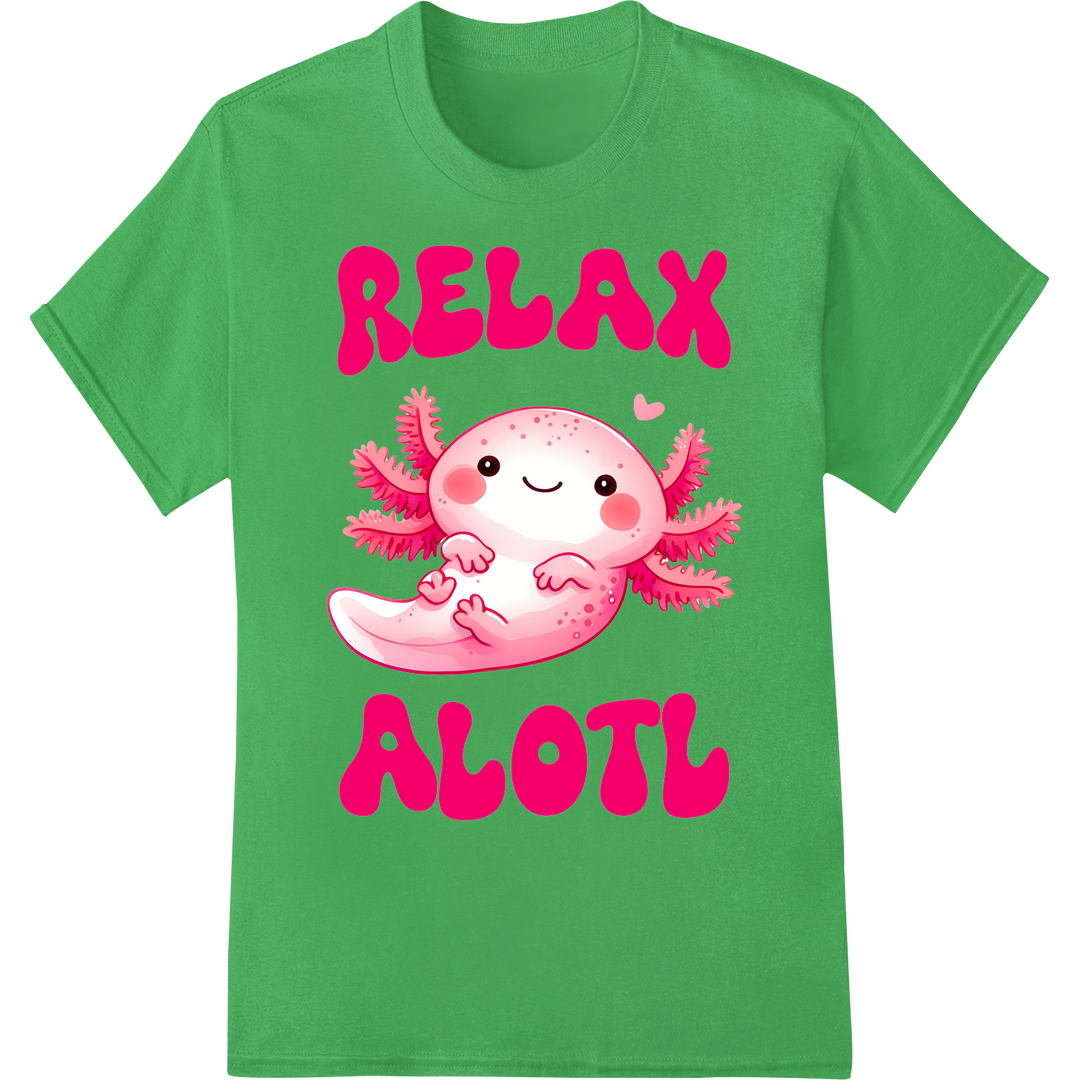 Adorable 'Relax Alotl' DTF Print Heat Transfer | Cute Axolotl on green shirt - SUPERDTF-DTF Prints-DTF Transfers-Custom DTF Prints