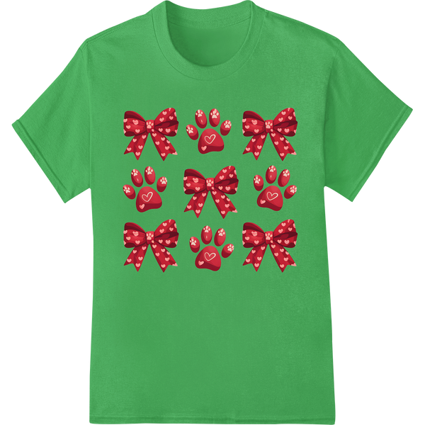 Adorable Valentine's Bows & Paw Prints DTF Heat Transfer on green shirt - SUPERDTF-DTF Prints-DTF Transfers-Custom DTF Prints