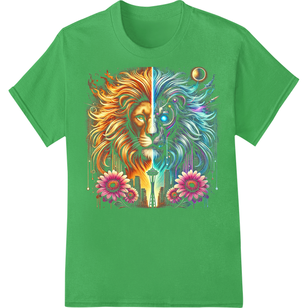 Majestic Lion Fantasy: Colorful Abstract Animal Print on green shirt - SUPERDTF-DTF Prints-DTF Transfers-Custom DTF Prints