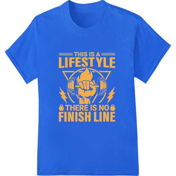 Ignite Your Fitness Fire: No Finish Line Gym Lifestyle Print on blue shirt - SUPERDTF-DTF Prints-DTF Transfers-Custom DTF Prints