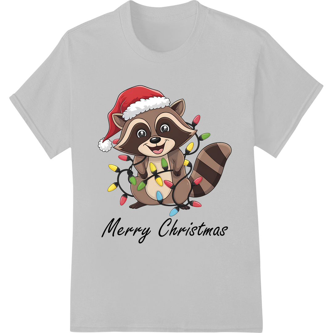 Funny Festive Raccoon Tangled in Christmas Lights DTF Print on white shirt - SUPERDTF-DTF Prints-DTF Transfers-Custom DTF Prints