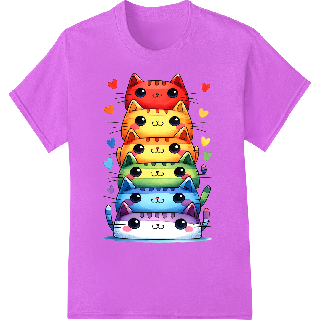 Purr-ide: Adorable Rainbow Cat Stack Heat Transfer on purple shirt - SUPERDTF-DTF Prints-DTF Transfers-Custom DTF Prints