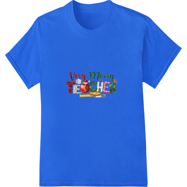 Very Merry Teacher: Festive DTF Print for Holiday Cheer on blue shirt - SUPERDTF-DTF Prints-DTF Transfers-Custom DTF Prints