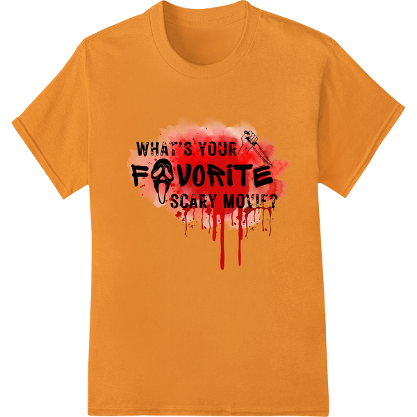 Terrifying 'Favorite Scary Movie' DTF print heat transfer design featuring a spooky movie scene, ideal for Halloween apparel.