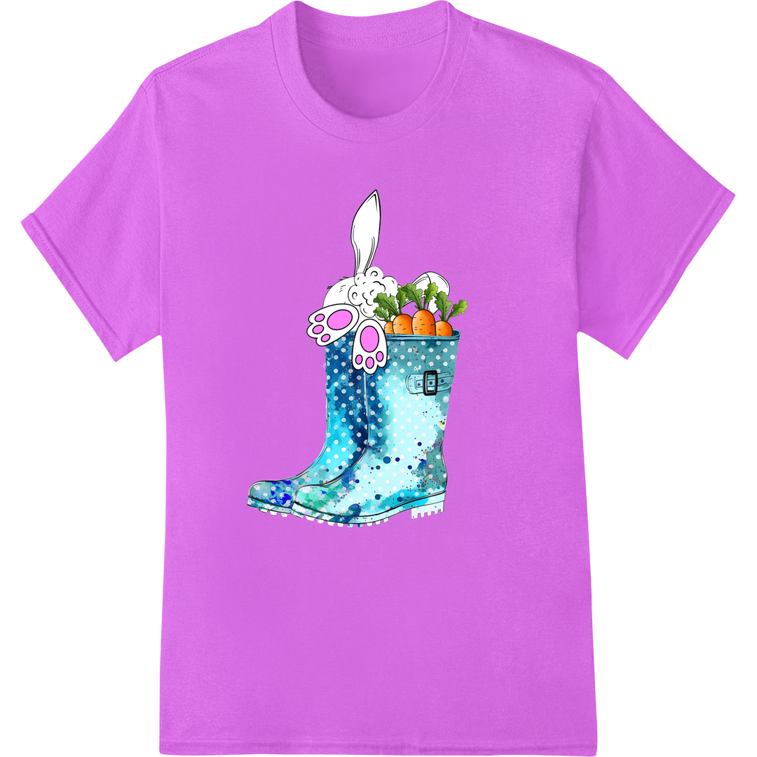 Whimsical Easter Boots with Colorful Eggs DTF Print Transfer on purple shirt - SUPERDTF-DTF Prints-DTF Transfers-Custom DTF Prints