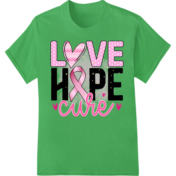 Pink ribbon design with 'Love Hope Cure' text for breast cancer awareness printed using Direct to Film (DTF) technology