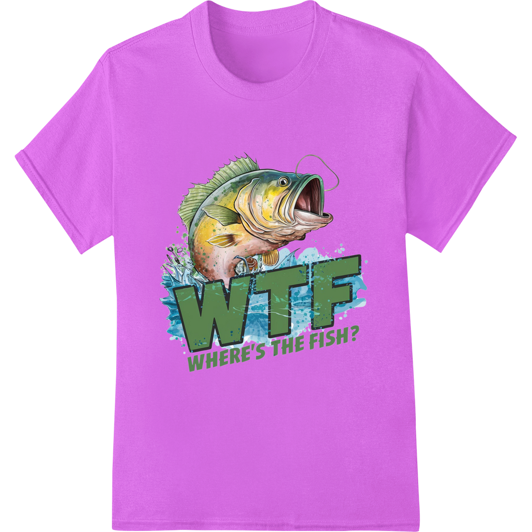 Hilarious 'WTF WHERE'S THE FISH?' DTF Print for Anglers on purple shirt - SUPERDTF-DTF Prints-DTF Transfers-Custom DTF Prints