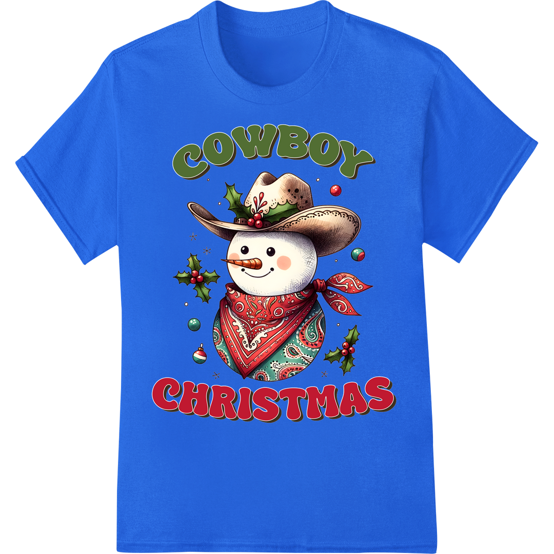 Festive Cowboy Christmas Snowman DTF Heat Transfer Print on blue shirt - SUPERDTF-DTF Prints-DTF Transfers-Custom DTF Prints