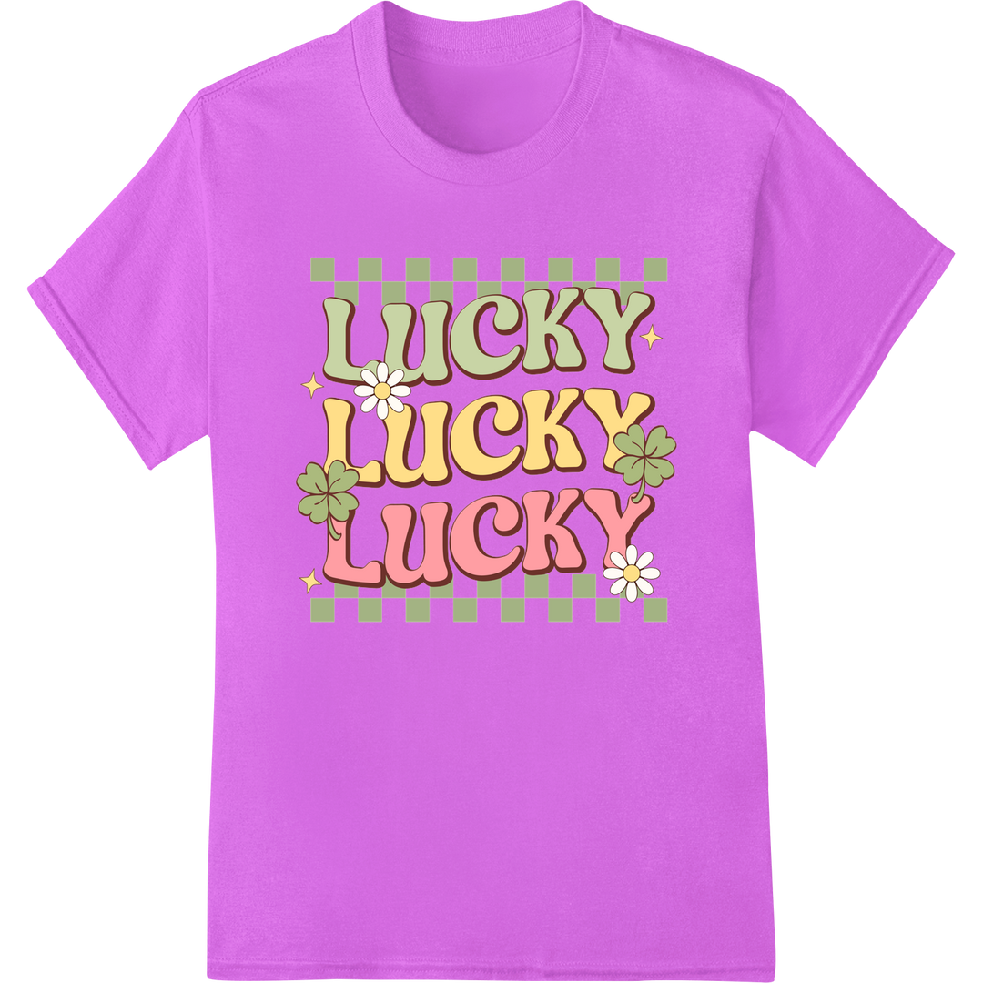 Retro 'Lucky Lucky Lucky' St. Patrick's Day DTF Print on purple shirt - SUPERDTF-DTF Prints-DTF Transfers-Custom DTF Prints