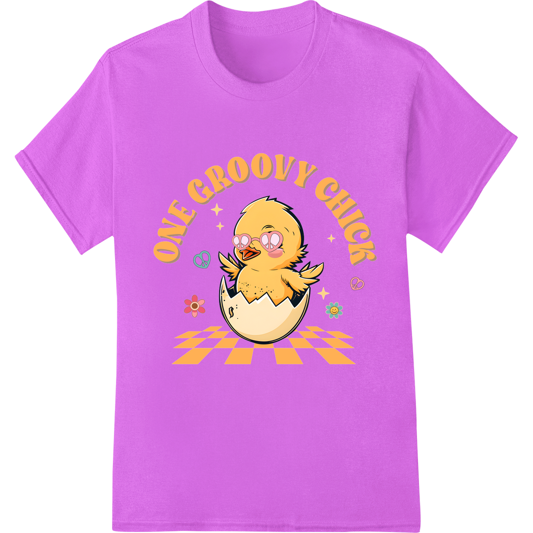 Groovy Easter Chick DTF Transfer Print | Retro Spring Style on purple shirt - SUPERDTF-DTF Prints-DTF Transfers-Custom DTF Prints