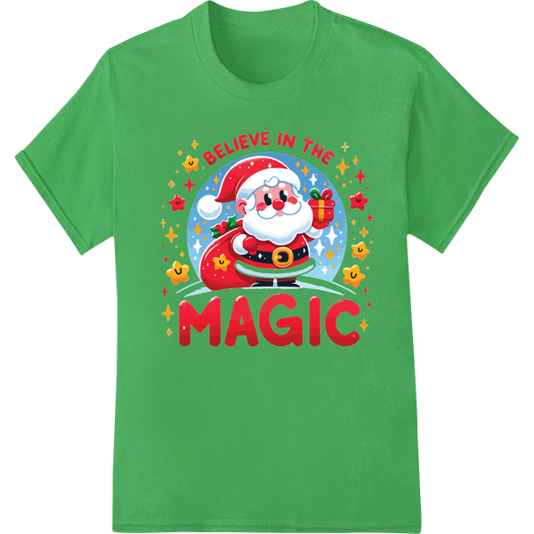 Believe in the Magic: Festive Santa Christmas DTF Print on green shirt - SUPERDTF-DTF Prints-DTF Transfers-Custom DTF Prints