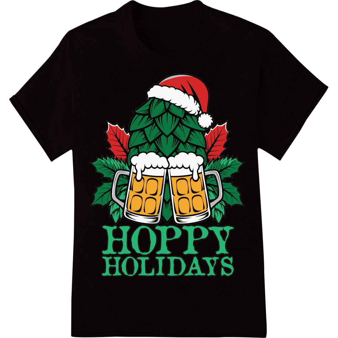 Hoppy Holidays: Festive Christmas Beer DTF Print Transfer on black shirt - SUPERDTF-DTF Prints-DTF Transfers-Custom DTF Prints