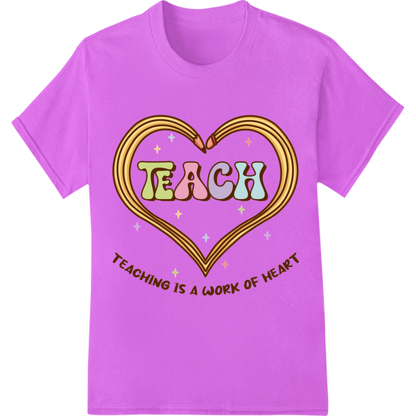 Inspiring "TEACH" Heart DTF Print Heat Transfer | Education on purple shirt - SUPERDTF-DTF Prints-DTF Transfers-Custom DTF Prints