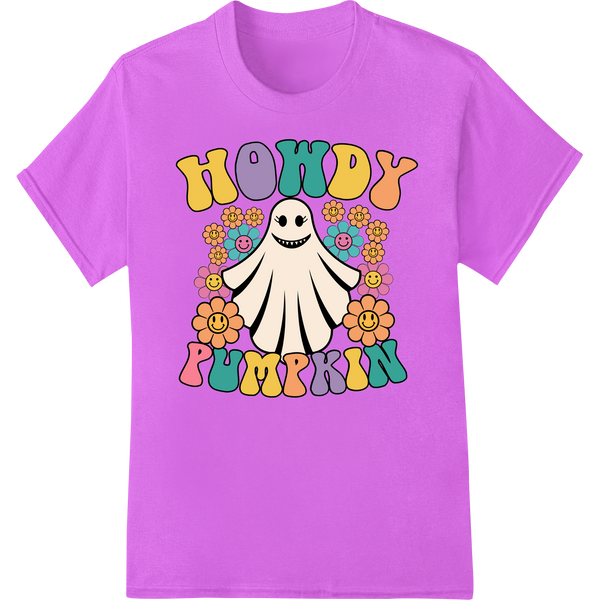 Groovy Ghost: Colorful Halloween DTF Print Heat Transfer on purple shirt - SUPERDTF-DTF Prints-DTF Transfers-Custom DTF Prints