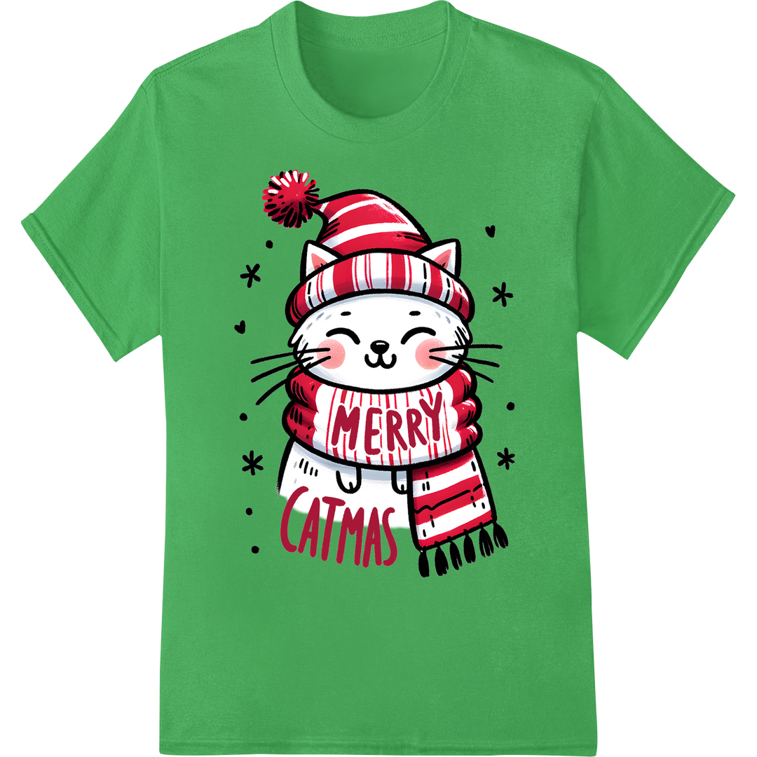 Adorable 'Merry Catmas' Funny Holiday Cat DTF Print Transfer on green shirt - SUPERDTF-DTF Prints-DTF Transfers-Custom DTF Prints