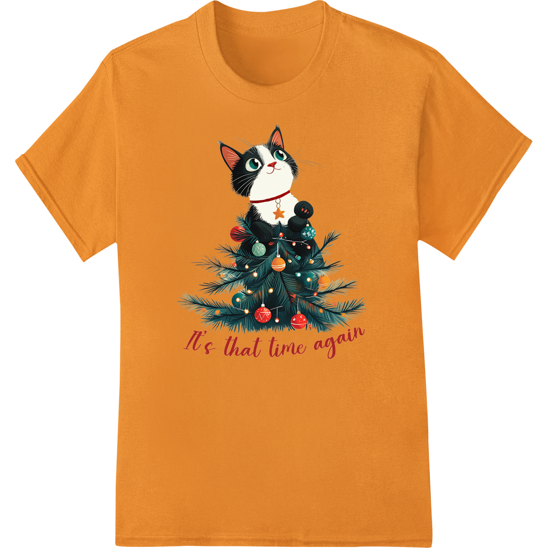 Playful Cat & Festive Tree: Purrfect Christmas DTF Print on orange shirt - SUPERDTF-DTF Prints-DTF Transfers-Custom DTF Prints