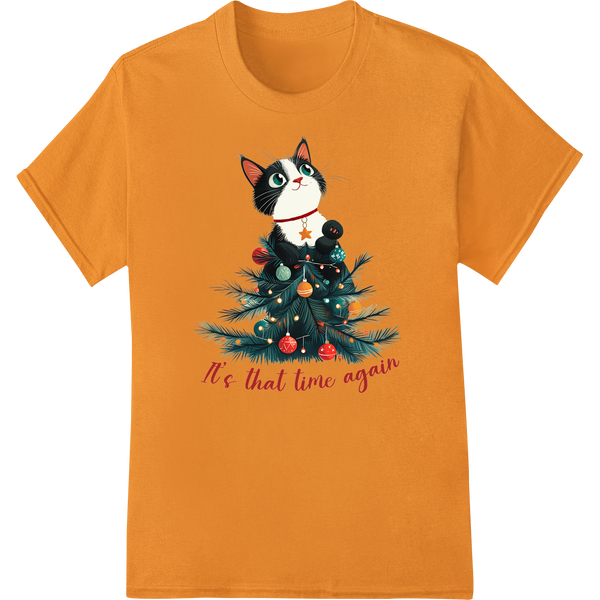 Playful Cat & Festive Tree: Purrfect Christmas DTF Print on orange shirt - SUPERDTF-DTF Prints-DTF Transfers-Custom DTF Prints