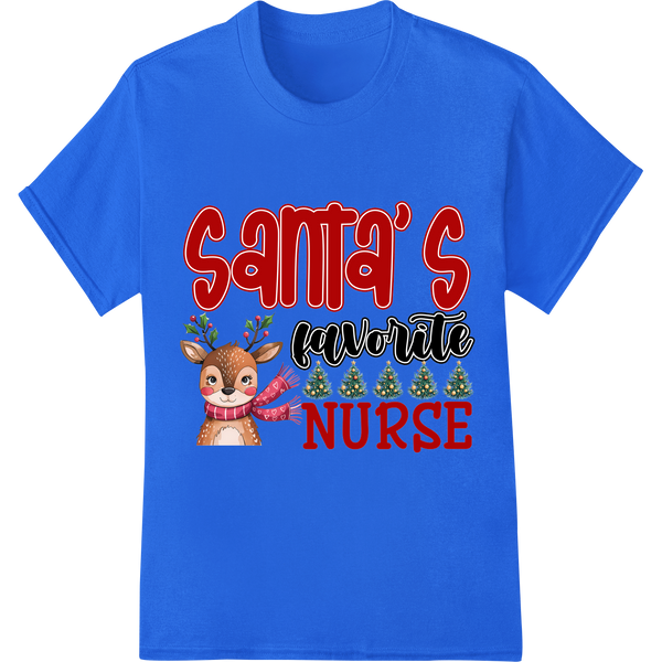 Adorable 'Santa's Favorite Nurse' Christmas DTF Print on blue shirt - SUPERDTF-DTF Prints-DTF Transfers-Custom DTF Prints