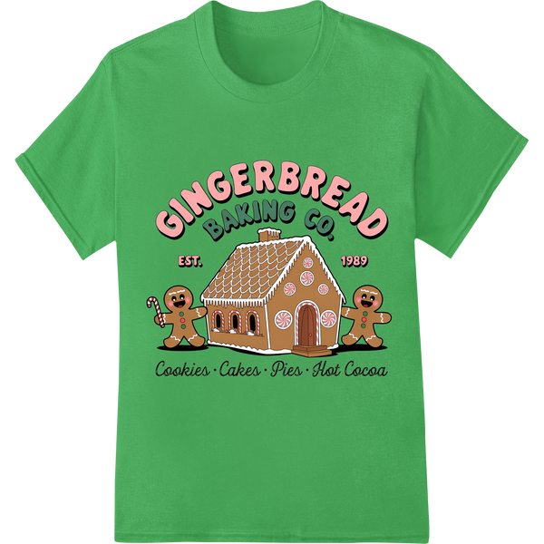 Vintage Gingerbread Baking Co. Print | Christmas DIY on green shirt - SUPERDTF-DTF Prints-DTF Transfers-Custom DTF Prints