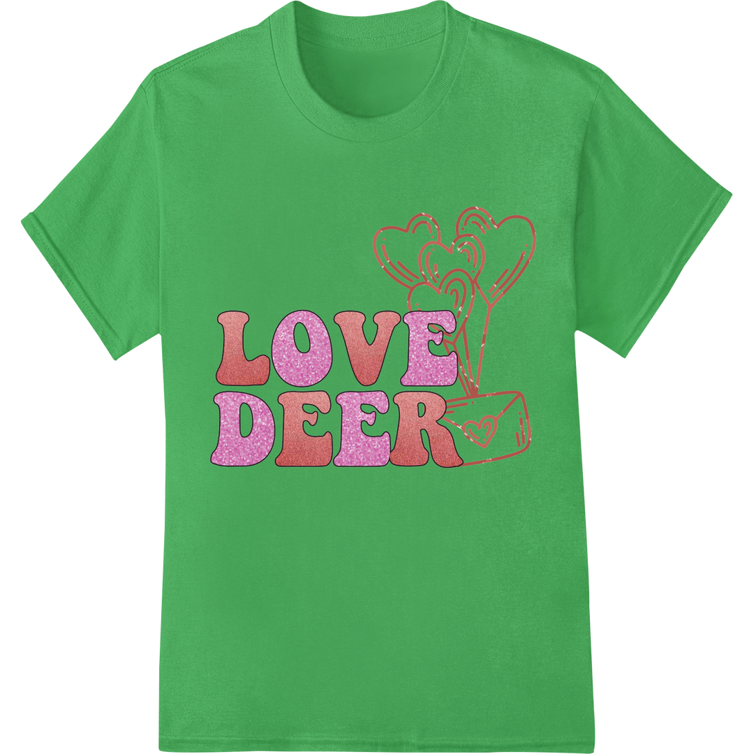 Enchanting "Love Deer" Valentine's Day DTF Print Transfer on green shirt - SUPERDTF-DTF Prints-DTF Transfers-Custom DTF Prints