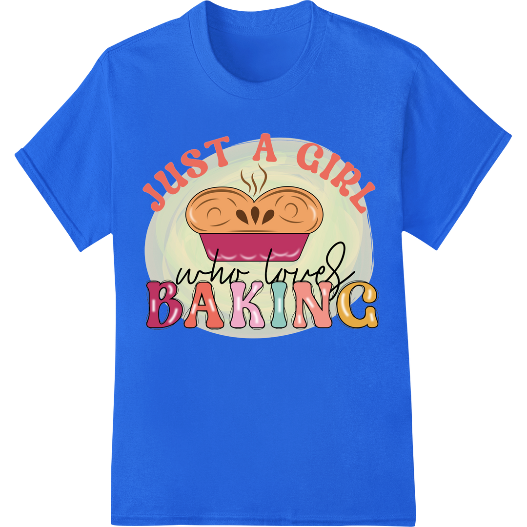 Just a Girl Who Loves Baking | Cute DTF Kitchen Print on blue shirt - SUPERDTF-DTF Prints-DTF Transfers-Custom DTF Prints