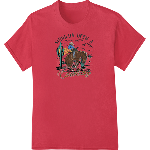 Classic cowboy design featuring a silhouette of a rider on horseback against a sun illustration for DTF heat transfer...