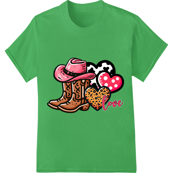 Rustic Romance: Cowboy Boots Valentine's Day Heat Transfer on green shirt - SUPERDTF-DTF Prints-DTF Transfers-Custom DTF Prints