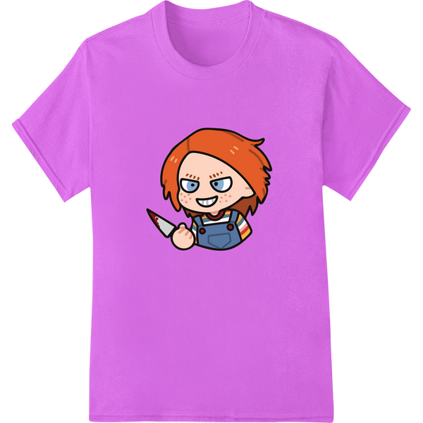 Playful Chucky-Inspired Cartoon Character Heat Transfer made with premium custom t-shirts