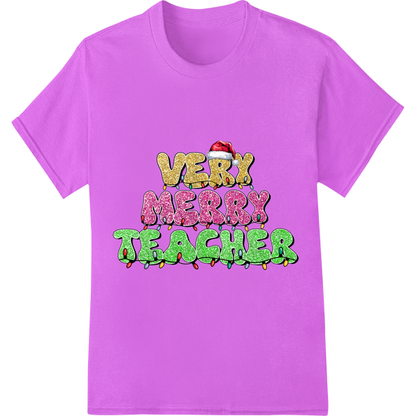 Festive 'Very Merry Teacher' Christmas DTF Print Transfer on purple shirt - SUPERDTF-DTF Prints-DTF Transfers-Custom DTF Prints