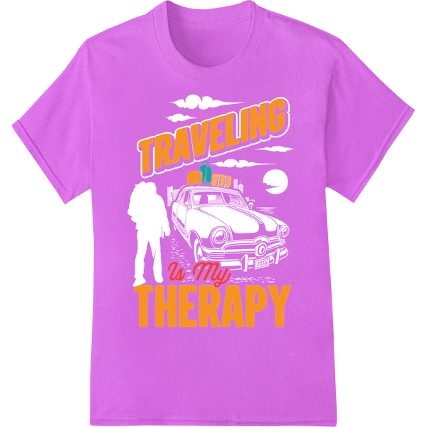 Wanderlust Therapy: Retro Travel DTF Print Heat Transfer on purple shirt - SUPERDTF-DTF Prints-DTF Transfers-Custom DTF Prints