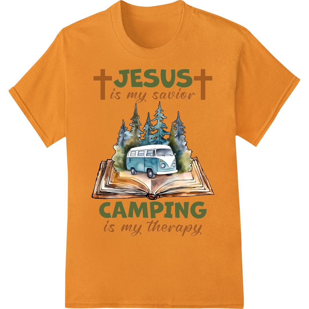 Jesus & Camping: Faith Meets Adventure DTF Print Transfer on orange shirt - SUPERDTF-DTF Prints-DTF Transfers-Custom DTF Prints