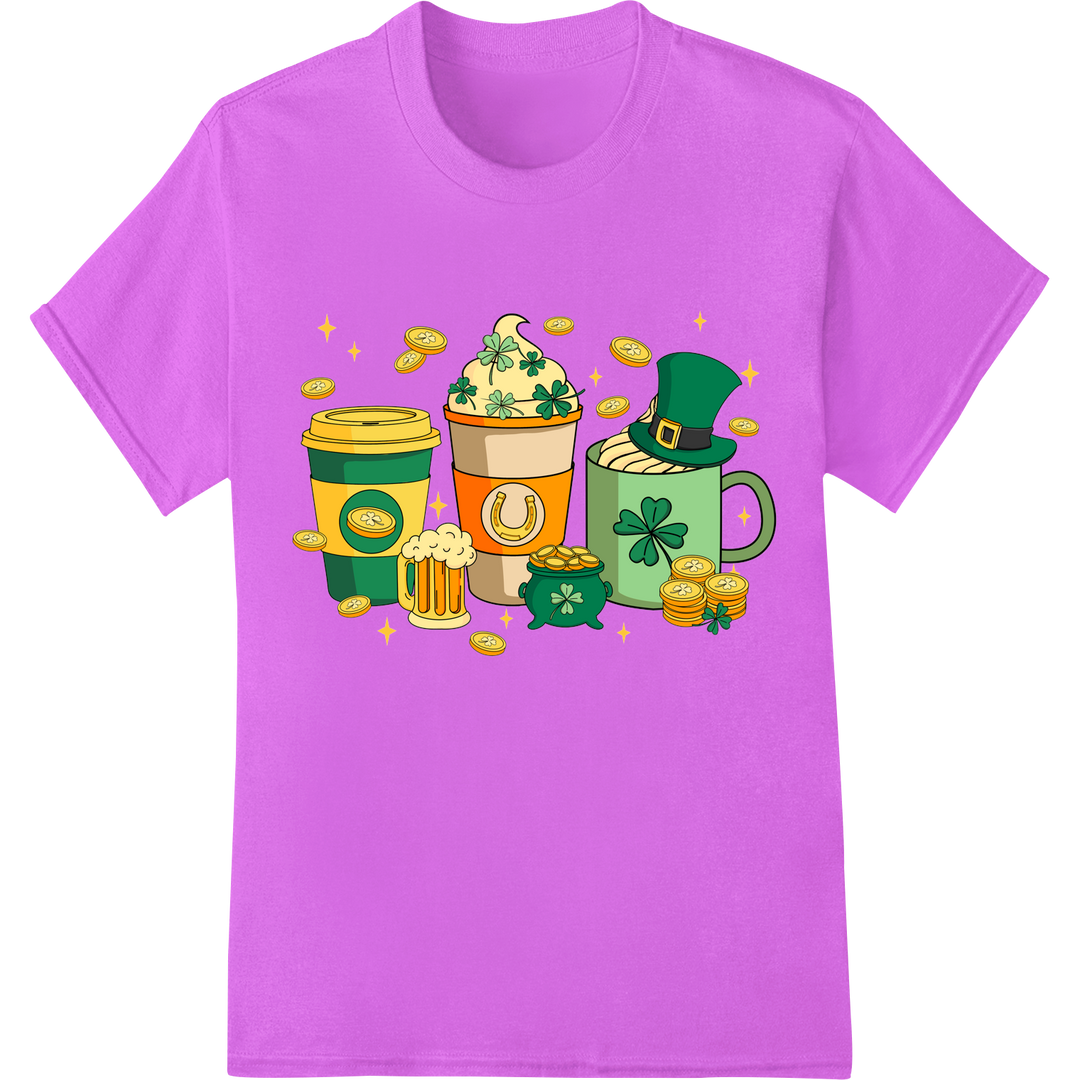 Lucky Charm Coffee Cup - St. Patrick's Day DTF Print on purple shirt - SUPERDTF-DTF Prints-DTF Transfers-Custom DTF Prints