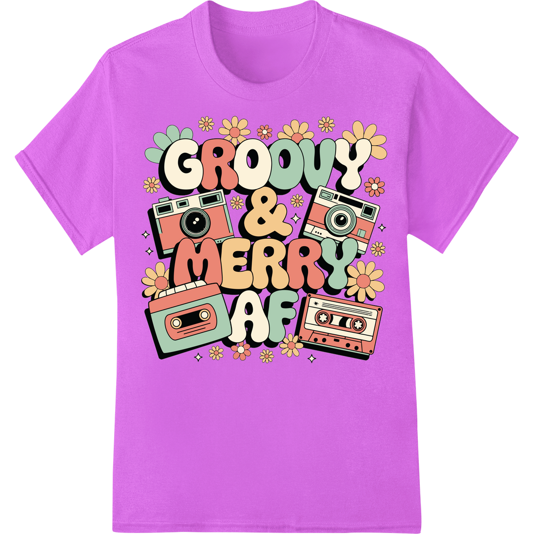 Retro 'Groovy & Merry AF' DTF Print Heat Transfer | Christmas on purple shirt - SUPERDTF-DTF Prints-DTF Transfers-Custom DTF Prints