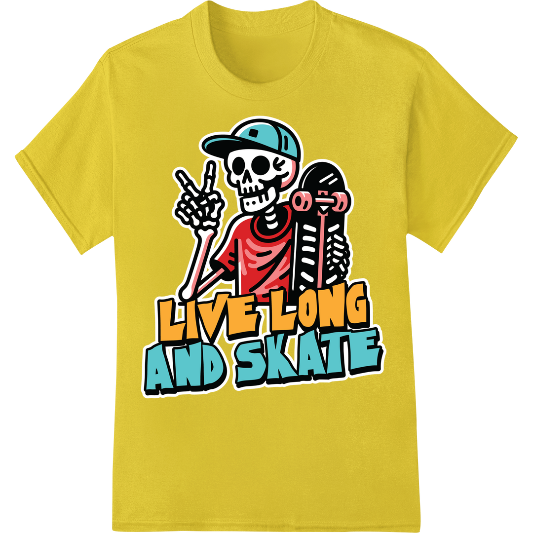 Skater Skeleton 'Live Long & Skate' DTF Heat Transfer Print on yellow shirt - SUPERDTF-DTF Prints-DTF Transfers-Custom DTF Prints