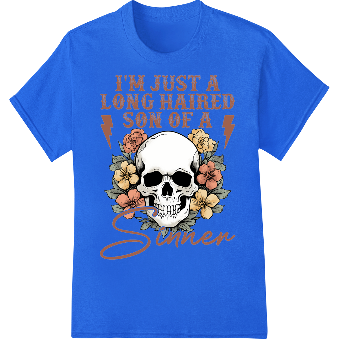 Rebellious Long Haired Skull DTF Print Transfer - Western on blue shirt - SUPERDTF-DTF Prints-DTF Transfers-Custom DTF Prints