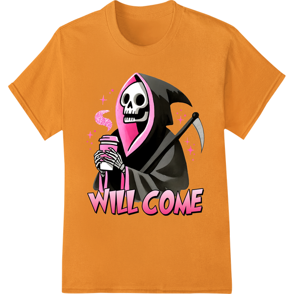 Quirky Grim Reaper DTF Print | Spooky Halloween Heat Transfer on orange shirt - SUPERDTF-DTF Prints-DTF Transfers-Custom DTF Prints