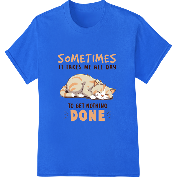 Sleepy Kitten: Embracing Lazy Days in Purrfect Style on blue shirt - SUPERDTF-DTF Prints-DTF Transfers-Custom DTF Prints