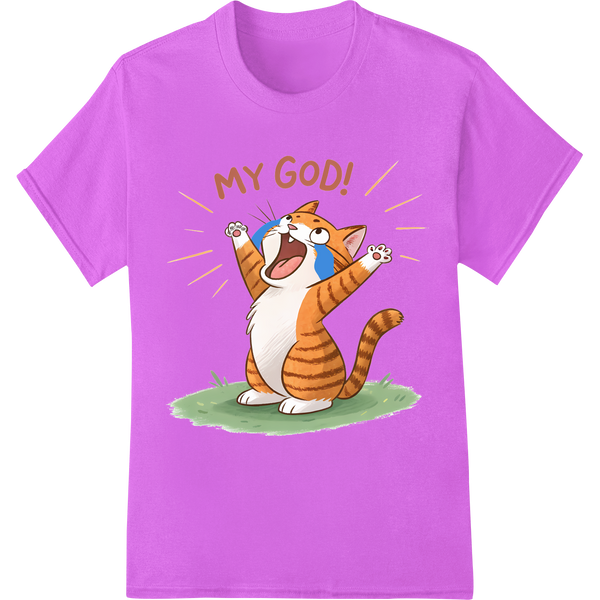 Sassy Cat Says 'MY GOD!' | Hilarious DTF Print Heat Transfer on purple shirt - SUPERDTF-DTF Prints-DTF Transfers-Custom DTF Prints