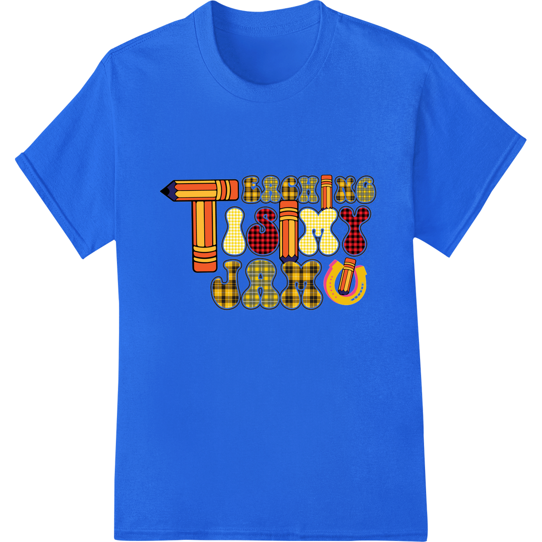 Retro Teacher Chic: Bold, Colorful DTF Print Heat Transfer on blue shirt - SUPERDTF-DTF Prints-DTF Transfers-Custom DTF Prints