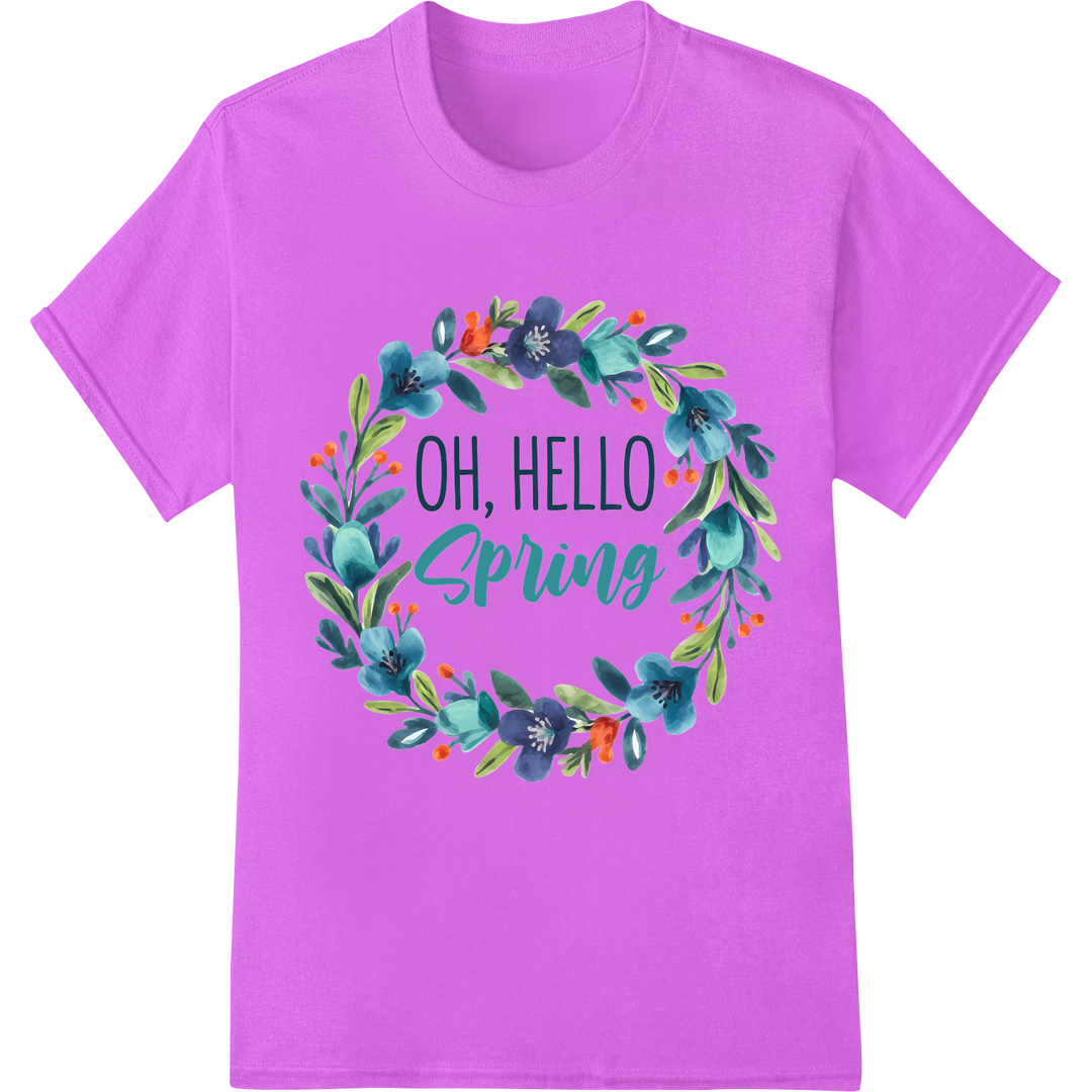 Vibrant 'Hello Spring' Floral Wreath DTF Print Heat Transfer on purple shirt - SUPERDTF-DTF Prints-DTF Transfers-Custom DTF Prints