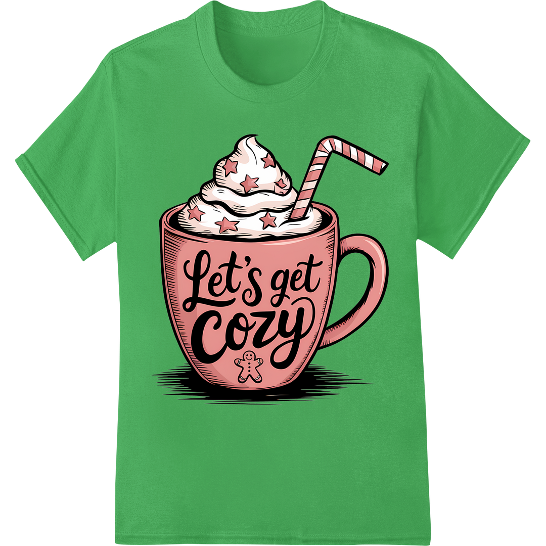 Cozy Christmas Cocoa Mug - Festive DTF Print Heat Transfer on green shirt - SUPERDTF-DTF Prints-DTF Transfers-Custom DTF Prints