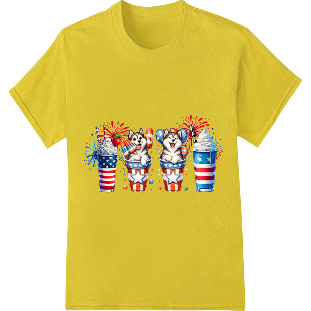 Patriotic Husky Pups 4th of July DTF Heat Transfer Print on yellow shirt - SUPERDTF-DTF Prints-DTF Transfers-Custom DTF Prints