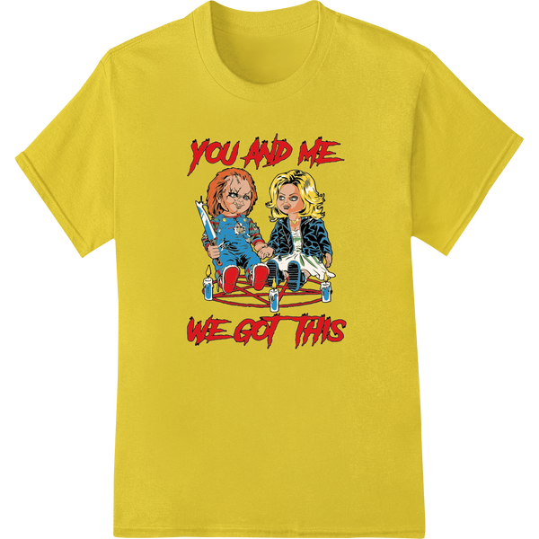 Chucky & Tiffany: Twisted Together DTF Print by Super DTF on yellow shirt - SUPERDTF-DTF Prints-DTF Transfers-Custom DTF Prints