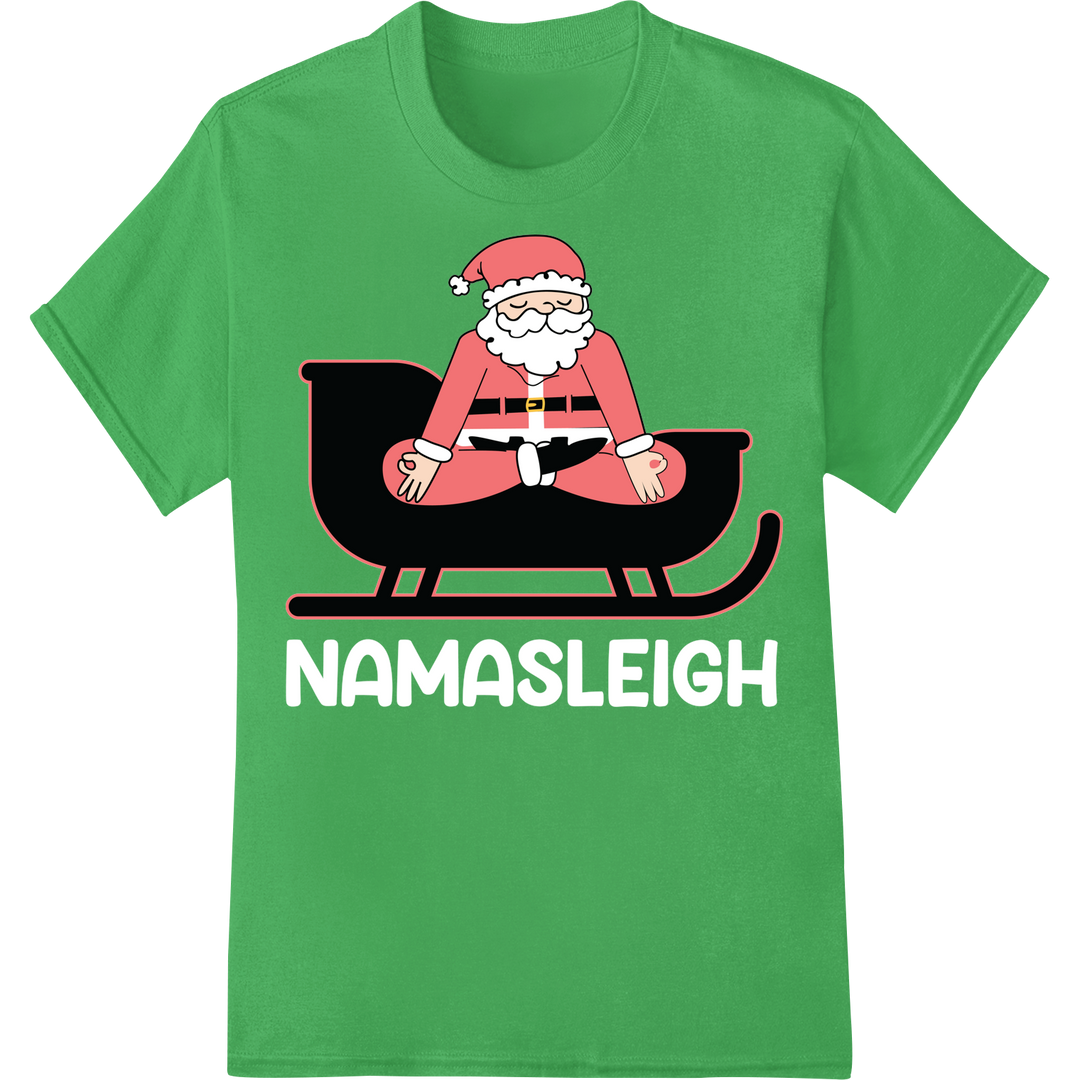 Playful Santa Yoga Sleigh DTF Heat Transfer Design on green shirt - SUPERDTF-DTF Prints-DTF Transfers-Custom DTF Prints