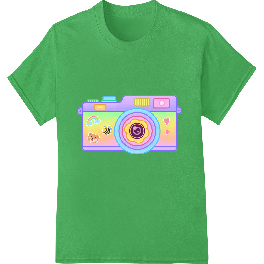 Retro 90s Camera Vibes: Bold & Colorful DTF Print Transfer on green shirt - SUPERDTF-DTF Prints-DTF Transfers-Custom DTF Prints