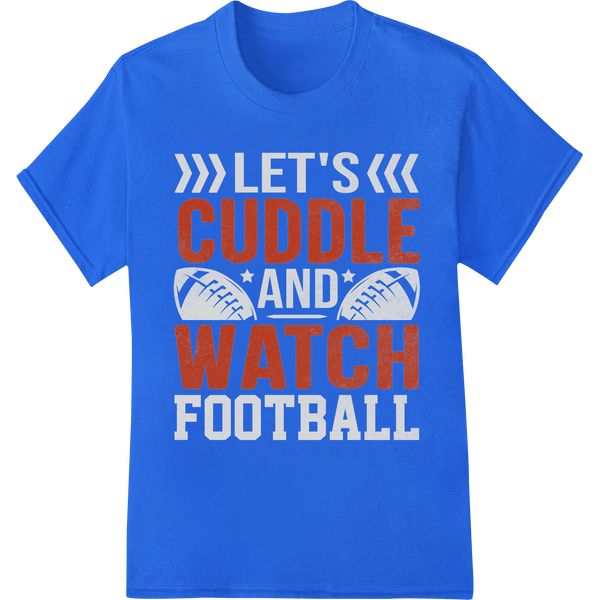 Cuddle & Football: Cozy DTF Transfer for Sports Lovers on blue shirt - SUPERDTF-DTF Prints-DTF Transfers-Custom DTF Prints