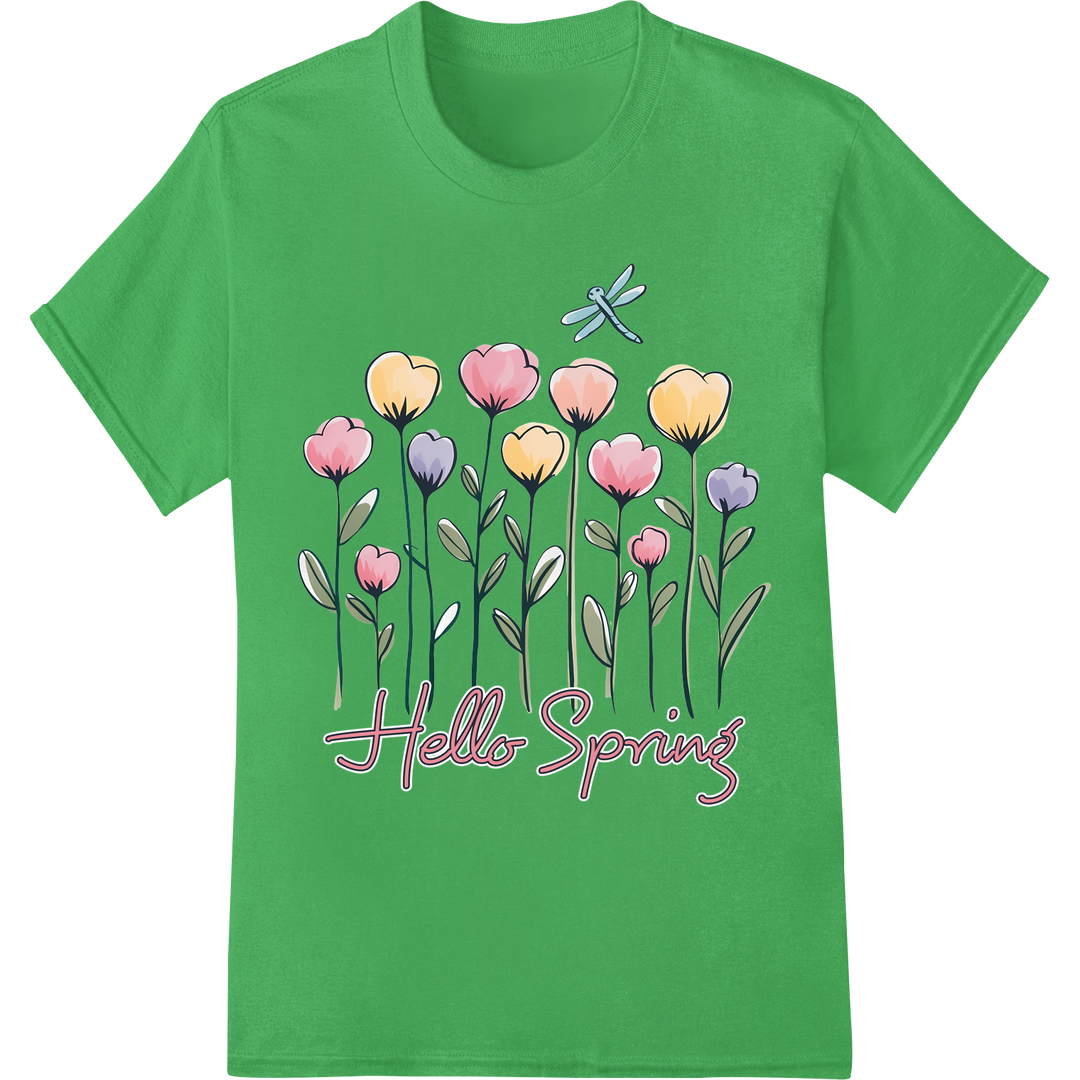 Hello Spring: Vibrant Floral DTF Print Heat Transfer on green shirt - SUPERDTF-DTF Prints-DTF Transfers-Custom DTF Prints