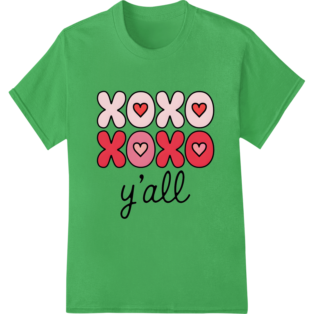 Charming 'XOXO Y'all' Valentine's Day Heat Transfer on green shirt - SUPERDTF-DTF Prints-DTF Transfers-Custom DTF Prints